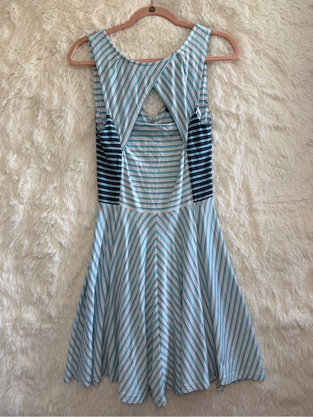 Armani Exchange Womens Striped Flare Mini Dress M Blue Cut Out Chest V-neck Back